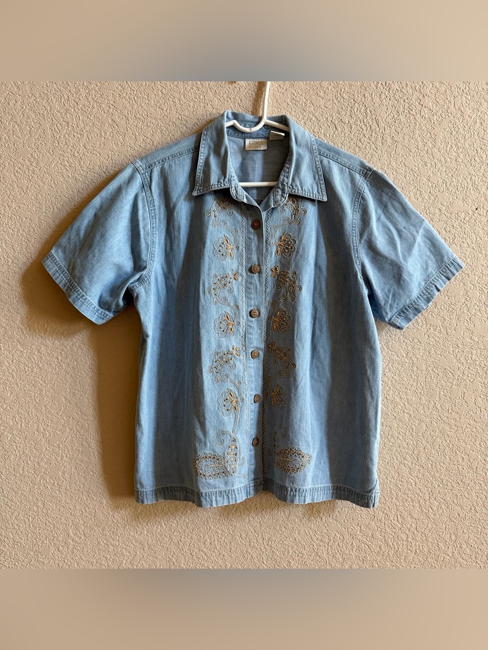 VTG 1990 Erika & Co. Denim Shirt Women’s L Top Button Up Country Western Beaded